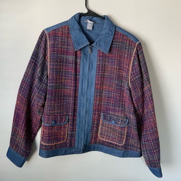 Vintage Jackets & Blazers - Vintage 1970s Tweed & Denim Collared Jacket